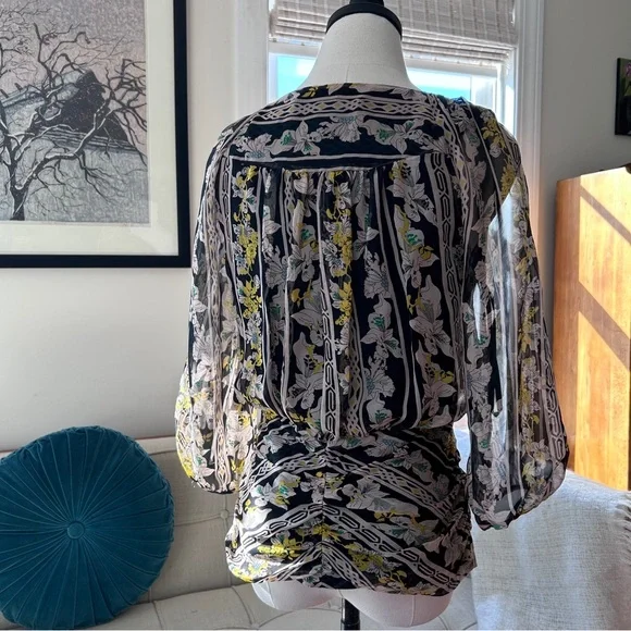 Diane Von Furstenberg Black Floral Sheer Blouse with Yellow & Green Accents - Picture 3 of 6